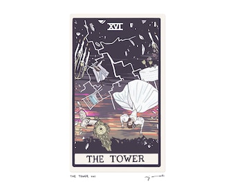 The Tower XVI - Tarot Card Art - 5x7 art print, hand-cut and mounted card