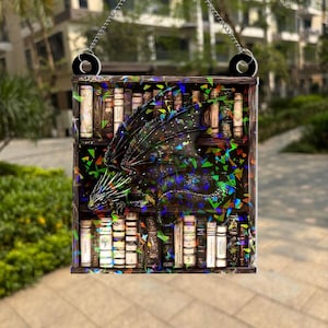 Dragon and Book Suncatcher, Fantasy Book Lover Decor, Dragon with Book Acrylic Window Hanging, Mystical Window Hanging, Gift for Readers