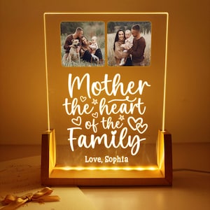Night Light Gift for Mother&#39;s Day, Custom Photo Acrylic Led Lamp for Mom, Acrylic Plaque Gift For Mom, Mother the heart of the family