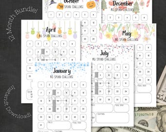 May include: A set of 12 printable no-spend challenge calendars for each month of the year. Each calendar features a different theme and design, including a spooky Halloween theme, a festive Christmas theme, and a spring floral theme. The calendars are perfect for helping you save money and track your spending.