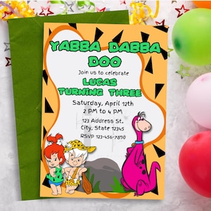 Yabba Dabba Doo uitnodiging sjabloon, Yabba Dabba Doo verjaardagsuitnodiging sjabloon, cartoon holbewoner verjaardagsuitnodiging, Yabba Dabba Doo