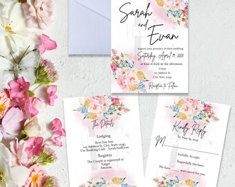 Faire-part de mariage floral pastel, détails d'invitation de mariage floral, RSVP, papeterie de mariage floral jardin, papeterie de mariage floral pastel