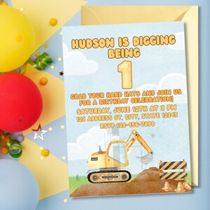 Digging Being One Birthday Invitation Template, Construction First Birthday Invitation Template, Digging Being One First Birthday, Excavator