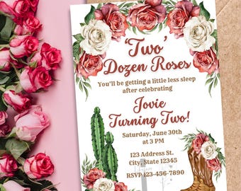 Plantilla de invitación de cumpleaños con dos docenas de rosas, plantilla de invitación para el segundo cumpleaños de una niña, plantilla de invitación para el segundo cumpleaños de una vaquera, rosas
