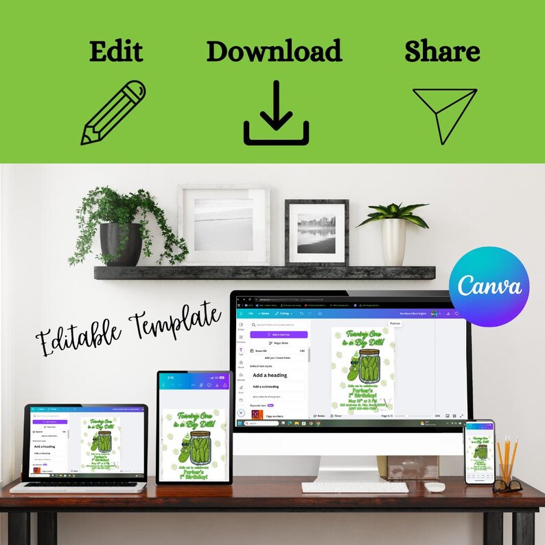 Puede incluir: Una computadora de escritorio, una computadora port&aacute;til, una tableta y un tel&eacute;fono inteligente muestran una plantilla de invitaci&oacute;n verde y blanca con un tema de pepinillos. Las palabras "Edit", "Download" y "Share" est&aacute;n encima de los dispositivos. El logotipo de Canva est&aacute; en la esquina superior derecha.