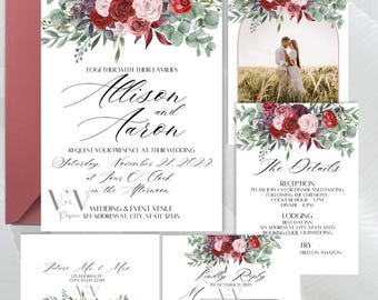 Pink & Burgundy Floral Wedding Invitation Template: Editable Canva Design (Digital Download)