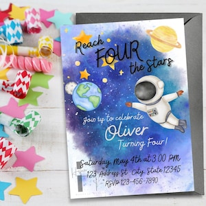 Reach Four The Stars Birthday Party Invitation Template, Space Themed Fourth Birthday Party Invitation Template, Astronaut Fourth Birthday
