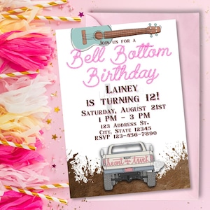 May include: A white invitation with pink text for a 12th birthday party. The invitation says "Join us for a Bell Bottom Birthday" and features a pink guitar and a white pickup truck with the text "Heart the Truck".