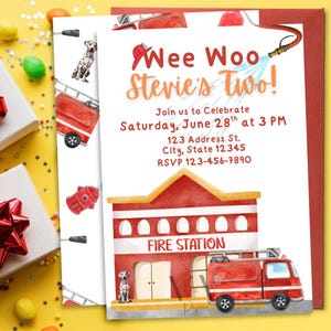 Wee Woo Two Birthday Invitation Template, Firefighter Second Birthday Invitation Template, Wee Woo I'm Two Birthday Invitation Template