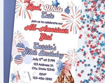 Red White & Cute Birthday Invitation Template, All-American Girl Birthday Invitation Template, America Coquette Birthday Invitation Template