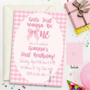 Girls Just Wanna Be One Birthday Party Invitation Template, Pink Bow Birthday Invitation Template, Pink Bow First Birthday Invitation