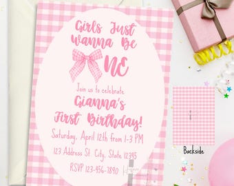 Plantilla de invitación para fiesta de cumpleaños de Girls Just Wanna Be One, plantilla de invitación de cumpleaños con lazo rosa, invitación de primer cumpleaños con lazo rosa
