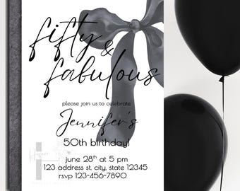 Fifty and Fabulous Birthday Invitation Template, 50th Birthday Invitation Template, Black Bow 50th Birthday Invitation Template, Fabulous