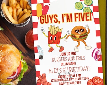 Guys I'm Five Invitation Template, Fifth Birthday Invitation Template, Burger and Fries Invitation Template, Fifth Birthday Cookout Invite