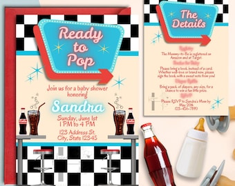 Modello di invito per baby shower "Ready to Pop", modello di invito per baby shower "Ready to Pop Soda", modello di invito per baby shower a tema ristorante