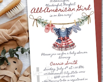 Modello di invito per baby shower All American Girl, modello di invito per baby shower del 4 luglio, modello di invito per baby shower americano