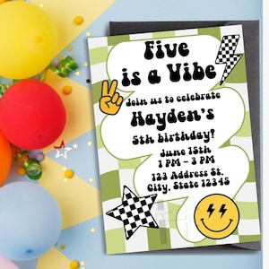Five is a Vibe Birthday Party Invitation Template, Groovy Boys Fifth Birthday Invitation Template, Boys Fifth Birthday Invitation Template