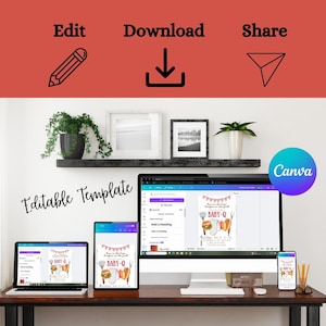 Pu&ograve; includere: Un'impostazione desktop con un computer, un tablet e un telefono che mostrano un modello di invito per baby shower. Il design dell'invito include il testo "BABY-Q" ed &egrave; modificabile. Sono visibili anche le parole "Edit", "Download" e "Share".