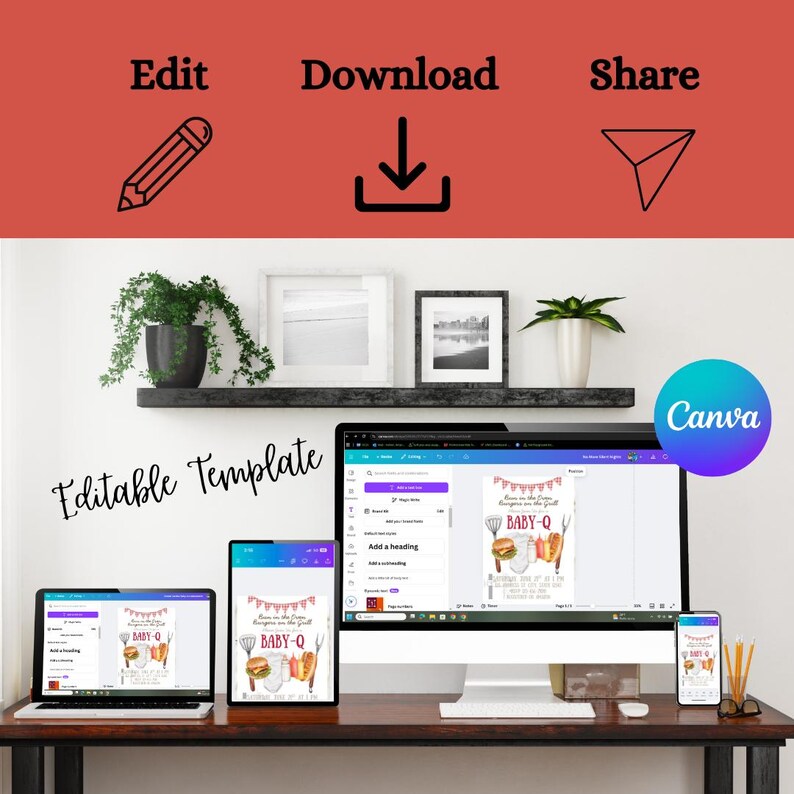 Pu&ograve; includere: Un'impostazione desktop con un computer, un tablet e un telefono che mostrano un modello di invito per baby shower. Il design dell'invito include il testo "BABY-Q" ed &egrave; modificabile. Sono visibili anche le parole "Edit", "Download" e "Share".