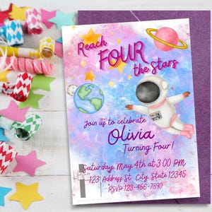 Reach Four The Stars Birthday Party Invitation Template, Space Themed Fourth Birthday Party Invitation Template, Astronaut Fourth Birthday