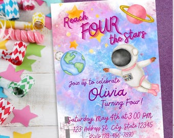 Reach Four The Stars Birthday Party Invitation Template, Space Themed Fourth Birthday Party Invitation Template, Astronaut Fourth Birthday