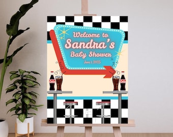 Plantilla de póster de bienvenida para baby shower "Está lista para estallar", plantilla de bienvenida para baby shower con refresco, póster de bienvenida para baby shower con temática de restaurante.