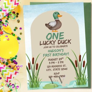 One Lucky Duck Birthday Party Invitation Template, Lucky Duck First Birthday Party Invitation Template, Duck First Birthday Invitation