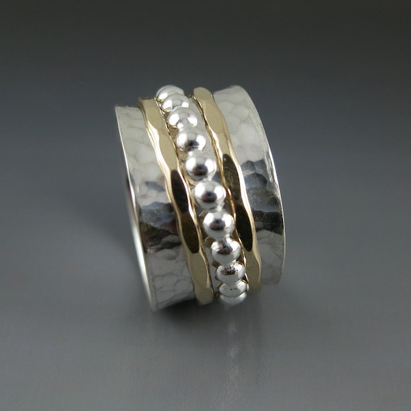 silver spinner ring with two gold-filled hammered and one silver beaded spinner, spinner ring, meditation ring, fidget ring, beaded spinner