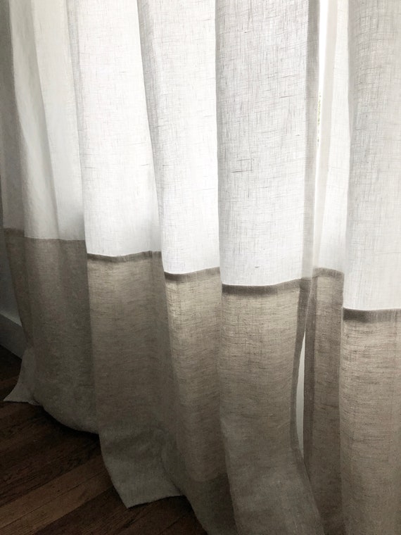 White And Oatmeal Linen Colorblock Curtain Panels Etsy