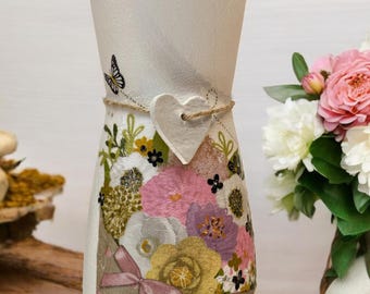 Decoupage Flower Bouquet Vase: Handmade Floral Design, Clay Heart Tag