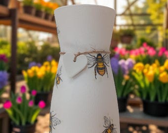 Hand Painted Bee Vase: Decoupage Design, Clay Heart Tag