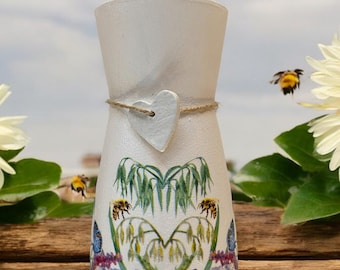 Decoupage Flower Vase: Bee & Butterfly Design, Hand-Painted