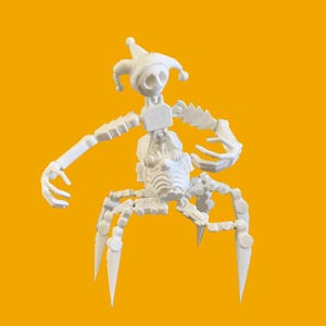 May include: A white articulated figurine featuring a jester-style head with a pointed hat, a central torso, and multiple spindly, segmented limbs extending outward. The figure has a skeletal appearance with sharp, pointed feet and claw-like hands.