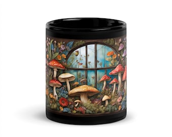 Mushroom Mug, Nature Mug, Mushroom Gift, Forest Mug, Cottagecore Kitchen Decor, Gift For Nature LoversBlack Glossy Mug