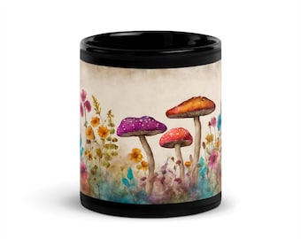 Mushroom Mug, Nature Mug, Mushroom Gift, Forest Mug, Cottagecore Kitchen Decor, Gift For Nature LoversBlack Glossy Mug