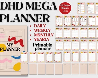 ADHD Printable Planner Mega Bundle of Daily Weekly Monthly Planner and Yearly Goals with To-Do List Checklist Notes Smart Goals Printable