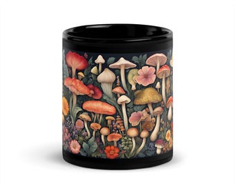 Mushroom Mug, Nature Mug, Mushroom Gift, Forest Mug, Cottagecore Kitchen Decor, Gift For Nature LoversBlack Glossy Mug