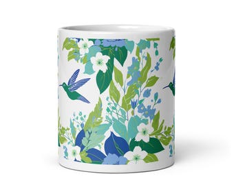 Artistieke theemok, kolibriemok, boho-koffiekop, bloemenmok, kleurrijke keramische drinkgerei, uniek cadeau voor vogelliefhebbers, mok van 11 oz