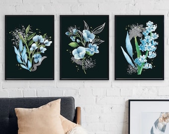 Blue and Black Botanical Print Elegant Floral Wall Art Digital Download for Home Decor Printable Art for Nature Lovers