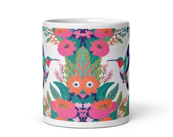 Bloemenmok, boho-koffiekop, mok van 11 oz, artistieke theemok, kolibriemok, uniek cadeau voor vogelliefhebbers, kleurrijke keramische drinkgerei
