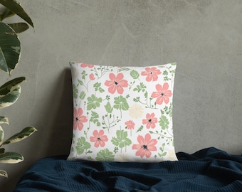 Almofada decorativa floral rosa com estampa botânica, estilo boho.