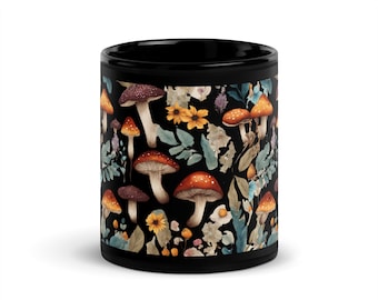 Mushroom Mug, Nature Mug, Mushroom Gift, Forest Mug, Cottagecore Kitchen Decor, Gift For Nature LoversBlack Glossy Mug