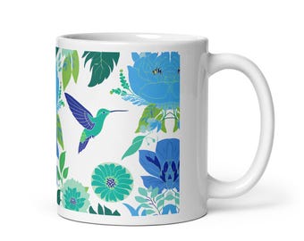 Mok van 11 oz, kolibriemok, boho-koffiekop, kleurrijke keramische drinkgerei, artistieke theemok, uniek cadeau voor vogelliefhebbers, bloemenmok