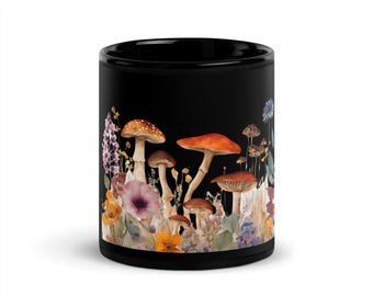 Mushroom Mug, Nature Mug, Mushroom Gift, Forest Mug, Cottagecore Kitchen Decor, Gift For Nature LoversBlack Glossy Mug