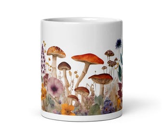 Mushroom Mug, Nature Mug, Mushroom Gift, Forest Mug, Cottagecore Kitchen Decor, Gift For Nature LoversWhite glossy mug