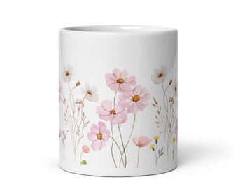 Mok geperste bloemen, boho wilde bloemen Cottagecore koffiemok, bloementuinliefhebber, botanisch, lentebloemen natuur