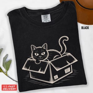 Maglietta con gatto, maglietta minimalista con gatto nero in scatola, maglietta divertente con gatto per gli amanti dei gatti, maglietta vintage con gatto disegnato a mano, magliette dai colori comodi