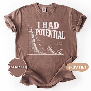 May include: An espresso-coloured short-sleeve t-shirt featuring a white graphic print of a physics graph. The text reads I HAD POTENTIAL above a line drawing of a ball rolling down a hill with labels PE, KE, E = PE + KE, PE = mgh, and ...meh.