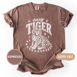 May include: Espresso-colored t-shirt featuring a seated tiger illustration with the text "easy TIGER" in a distressed white font. The design includes star accents. The shirt has a crew neck and short sleeves, with rolled-up cuffs.