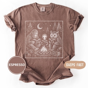 Op de afbeelding: Espresso-kleurig T-shirt met een grillige illustratie van een Bigfoot, een alien en een uil die boeken lezen rond een kampvuur onder een halve maan en sterren. Het shirt heeft een ronde hals en korte mouwen.